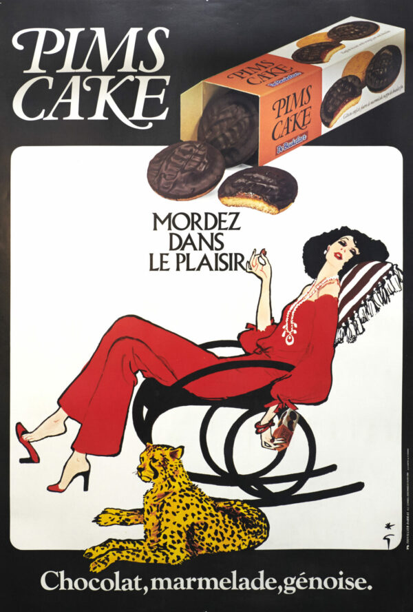 French Modern Chocolate Delicacy Vintage Poster for ‘Pims Cake’ by Rene Gruau, 1980