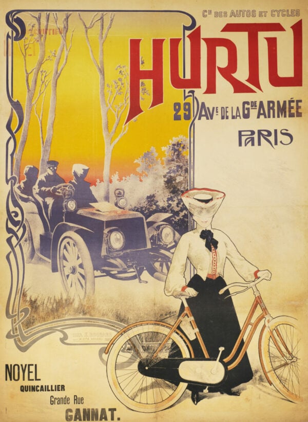 French Vintage Leather Maker & Auto Manufacturer Poster ‘Hurtu’ by H. Gray, 1900s