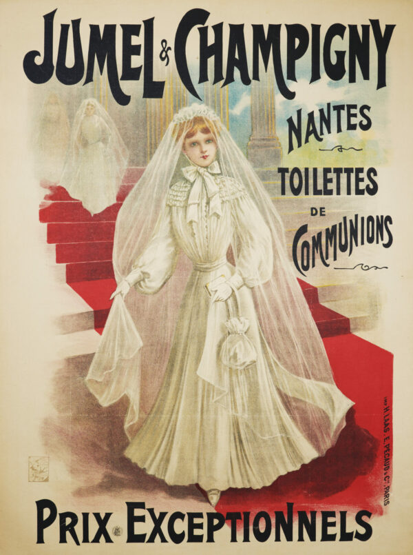 French Vintage Fashion Poster Jumel & Champigny ‘Toilettes de Communions’ Prix Exceptionnels, 1890s