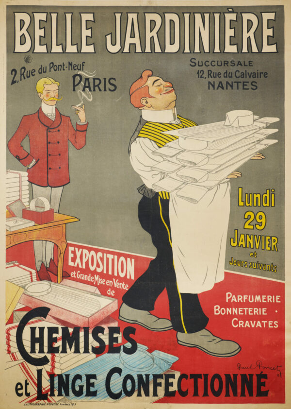 French Vintage Art Nouveau Fashion Poster ‘Belle Jardiniere | Chemises et Linge Confectionne’ by Poncet, 1905