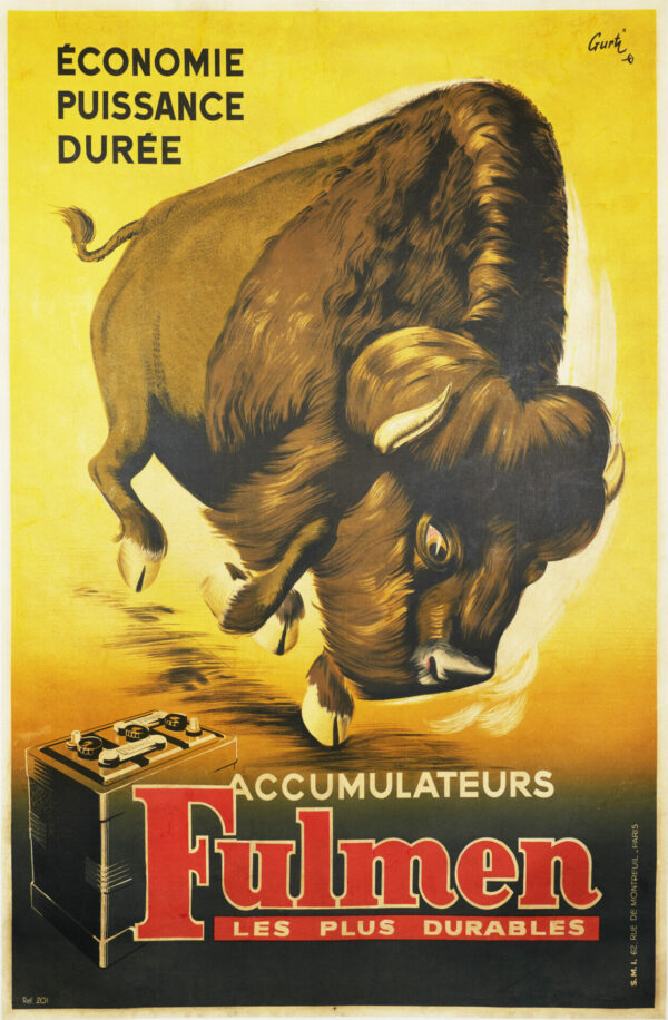 French Vintage Art Deco Car Battery Poster ‘Fulmen’ by Gurti, 1930s