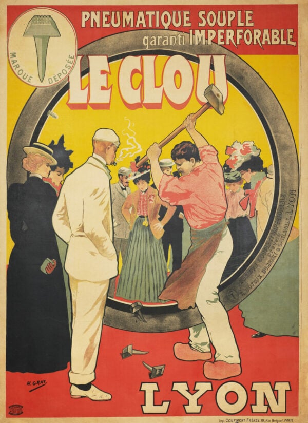 French Vintage Poster for Imperforable Tires ‘Le Clou’ by H. Gray, 1899