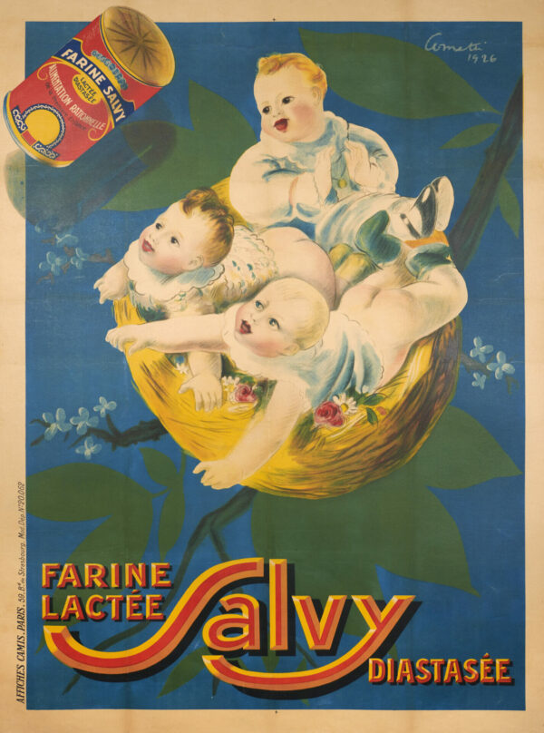 French Early 20th Century Vintage Poster for Baby Food ‘Farine Lactee | Salvy’ by Cometi, 1926