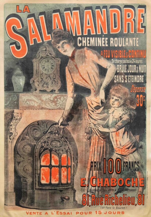 French Vintage Art Nouveau Advertising Poster 1880s Space Heater ‘La Salamandre’ by Jules Cheret