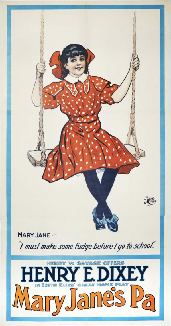 American Victorian Theatre Poster for ‘Mary Jane’s Pa’ (Mary Jane on Swing) featuring Henry E. Dixey