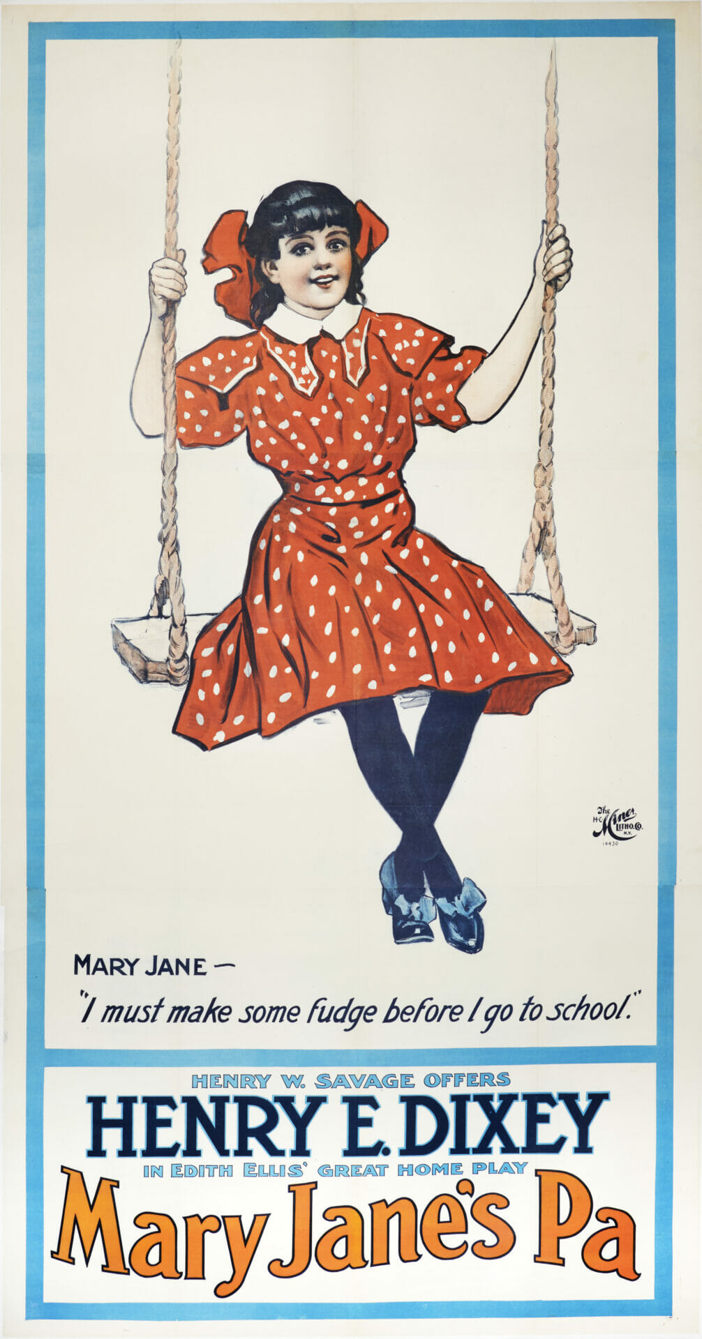 American Victorian Theatre Poster for 'Mary Jane's Pa' (Mary Jane on Swing) featuring Henry E. Dixey