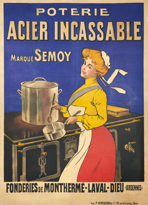 French Vintage Belle Epoque Poster for Semoy Brand ‘Acier Incassable’ by Marceline Auzolle, 1900’s