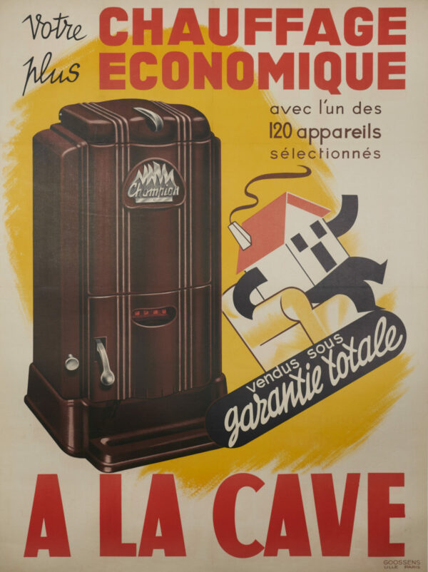French Art Deco Space Heater Vintage Poster ‘Champion | A La Cave’ (From the Basement), 1920s