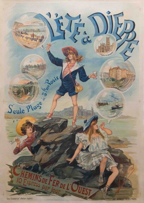 French Vintage Art Nouveau Travel Poster ‘L’Ete a Dieppe’ by Japhet, 1900s