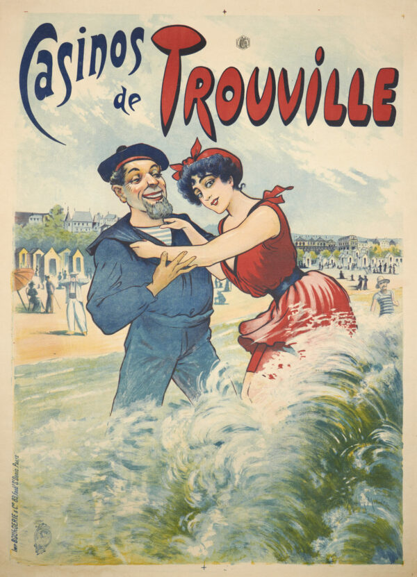 French Vintage Waterfront Travel Poster for ‘Casinos de Trouville’ by Maurice Milliere, 1890s