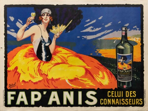 French Vintage Art Deco Liquor Poster ‘Fap’ Anis’ by Delval, 1920s