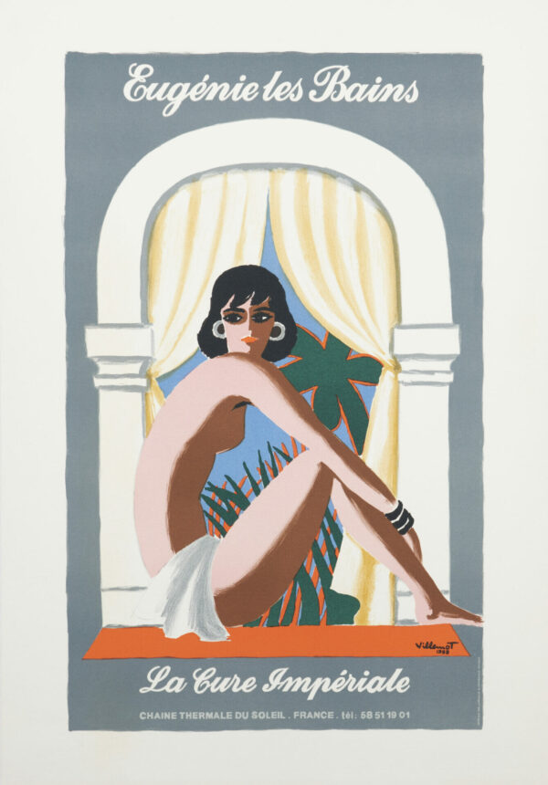 French Travel Poster for ‘Eugenie Les Bains’ Spa by the Modern Artist Villemot, 1988, Small Version