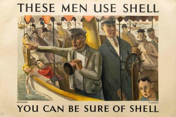 Original Vintage British Shell Oil Advertising Poster ‘Sightseers’ by Mozley, 1938