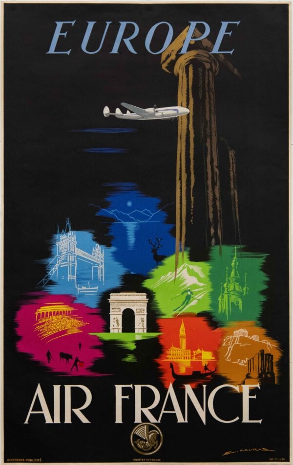 Original Vintage French Airline Poster to Destinations in ‘Europe’ by Maurus, 1950