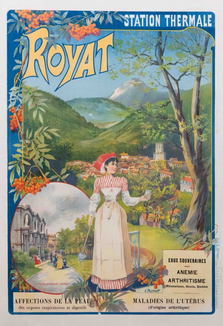 French Travel Advertising Poster to Royat by Fraipont, 1900s