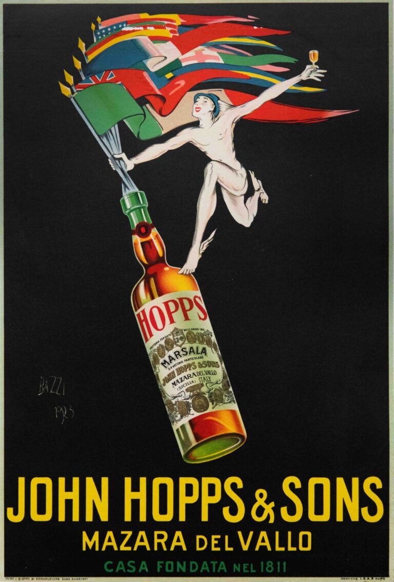 Italian Early 20th Century Wine & Spirits Poster ‘John Hopps & Sons’ by Bazzi, 1923
