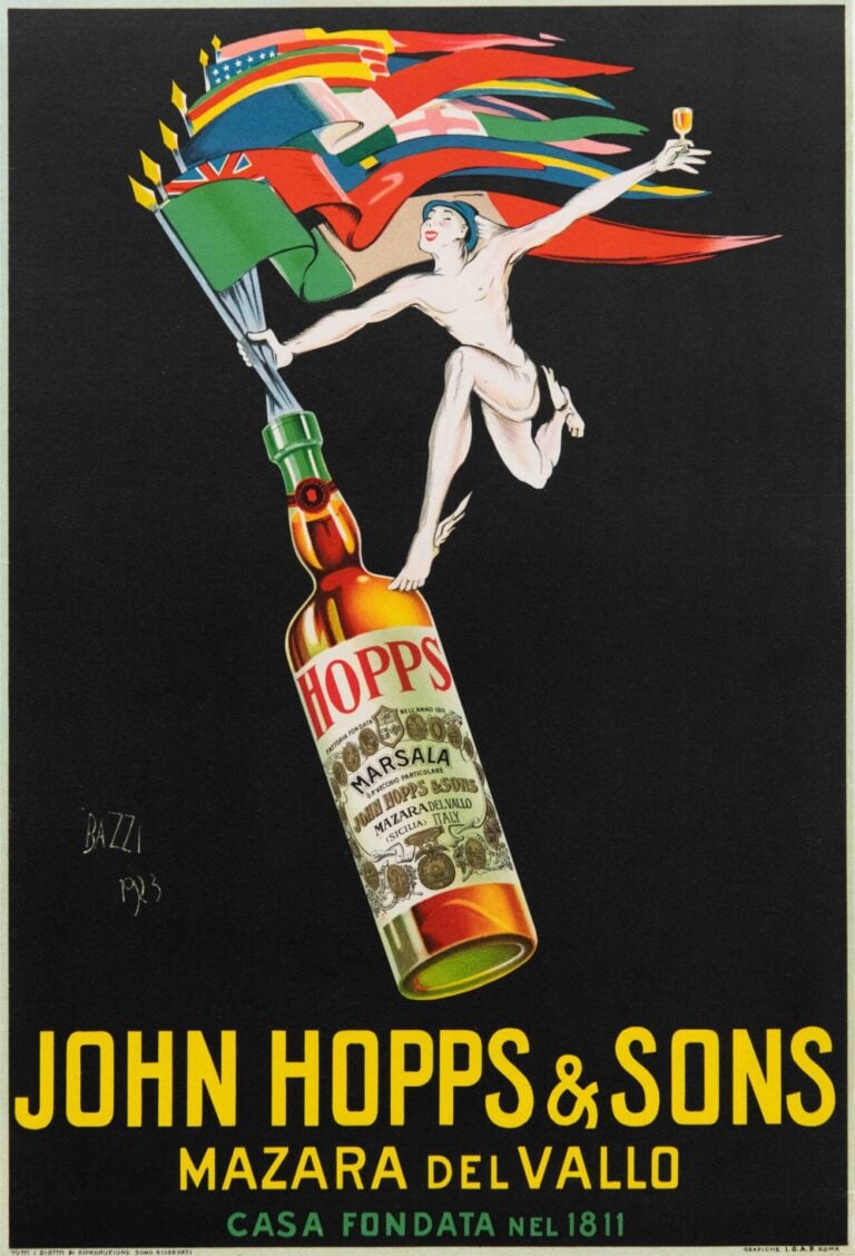 Italian Early 20th Century Wine & Spirits Poster ‘John Hopps & Sons’ by Bazzi, 1923