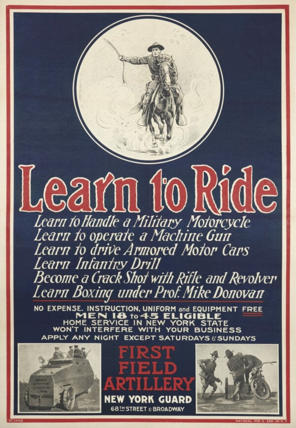 WWI Vintage First Field Artillery Poster ‘Learn To Ride’, 1914