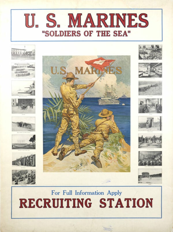 U.S. Marines ‘Soldiers of the Sea’ Vintage Recruitment Poster w/ Center Image by Leyendecker, 1917