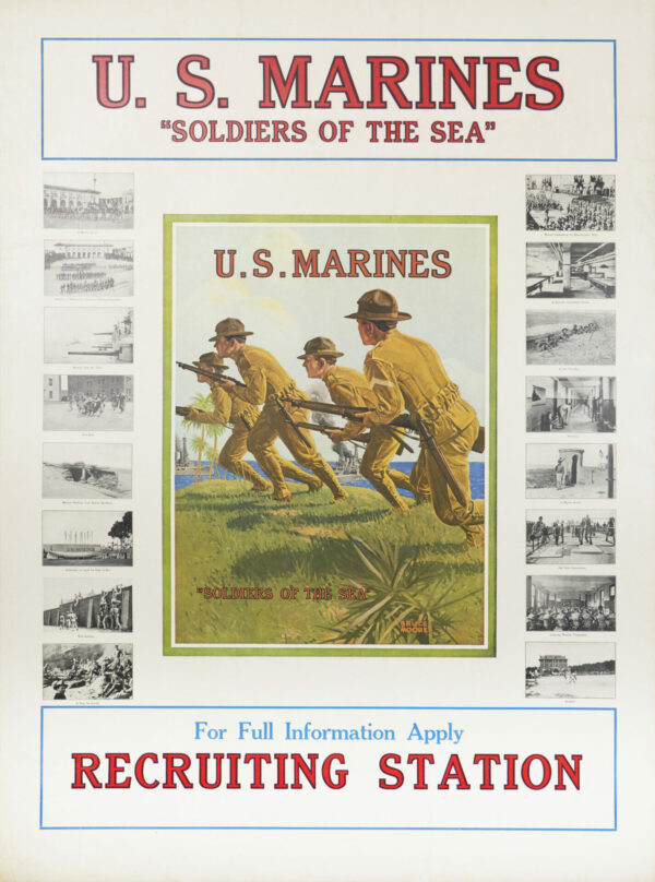 U.S. Marines ‘Soldiers of the Sea’ Vintage Recruiting Poster w/ Center Image by Bruce Moore