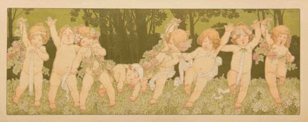 Belgian Vintage Decorative Panel with Cherubs & Jeux D’Enfants, 1903