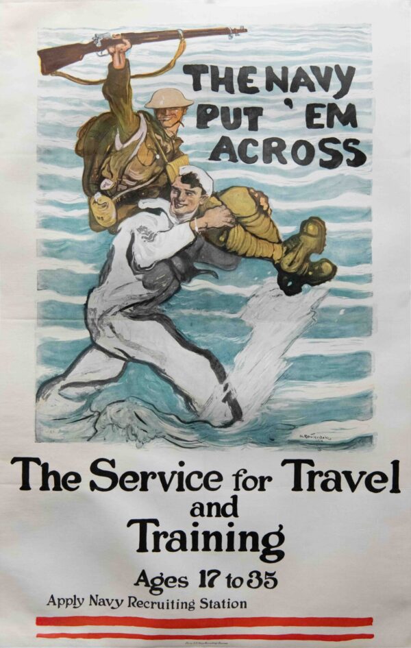Vintage WWI U.S. Recruitment Poster ‘Navy Put ‘Em Across’ by Reuterdahl, 1918