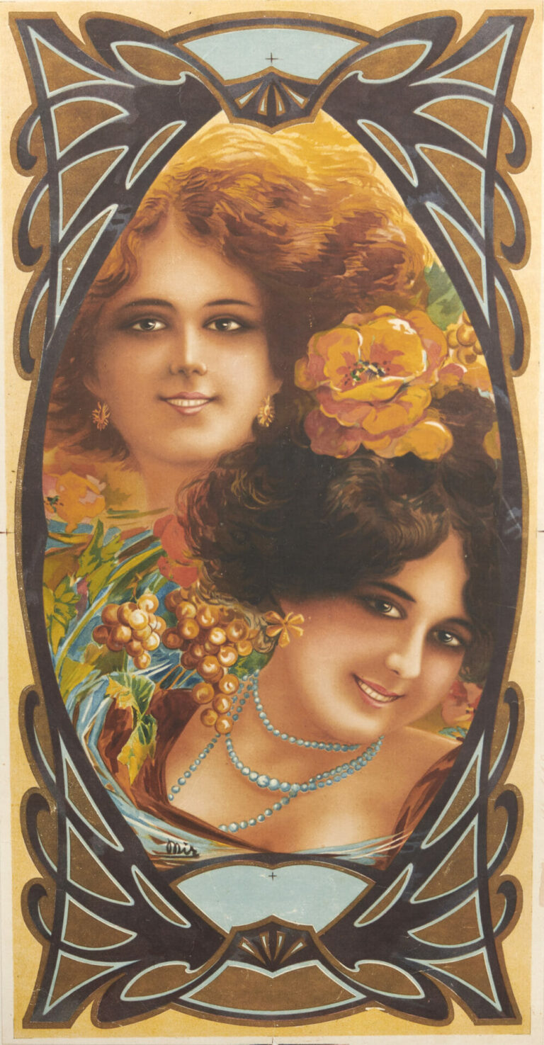 Spanish Art Nouveau Chromo Vintage Decorative Panel of 2 Ladies by Mir, 1894