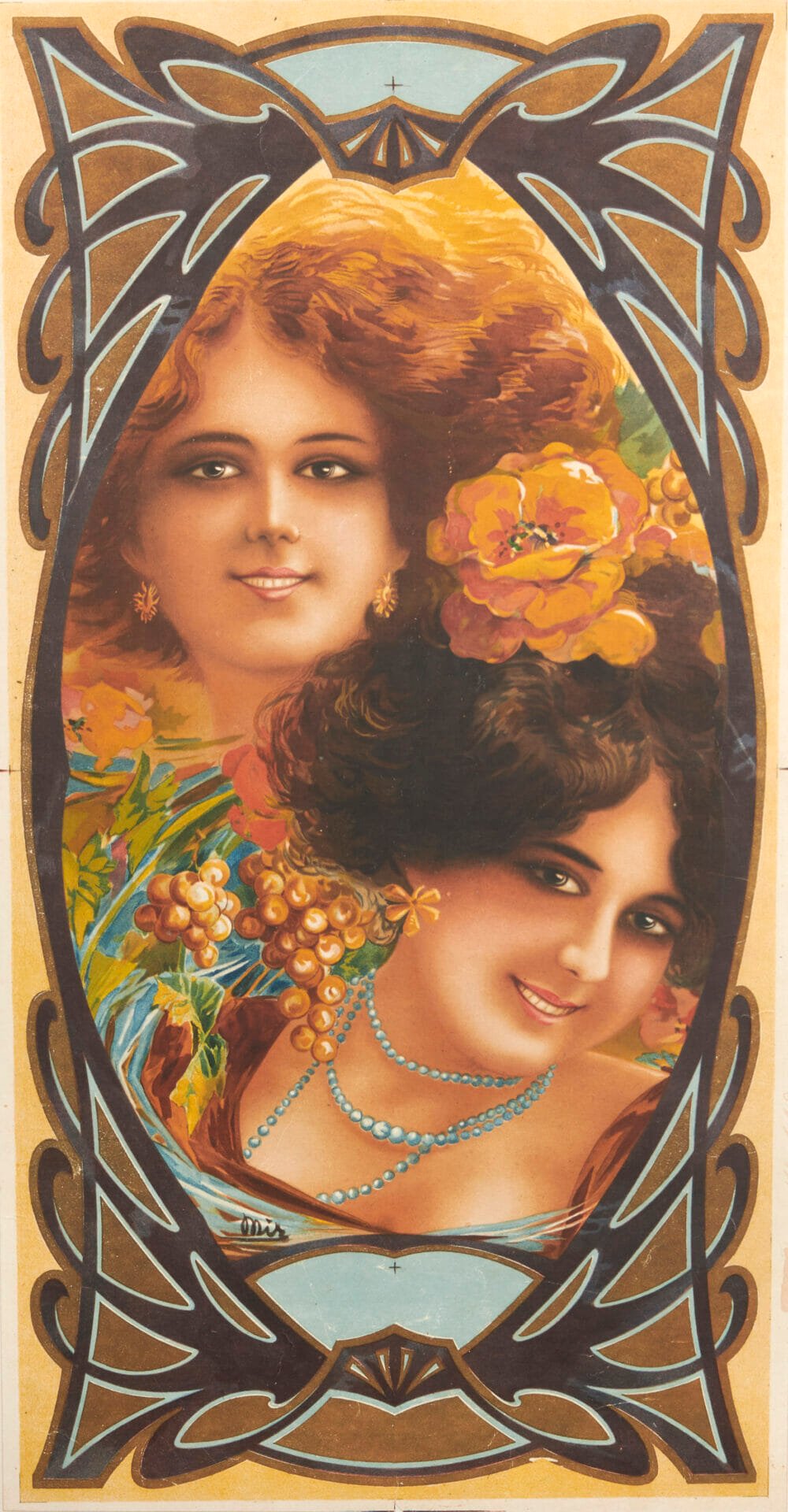 Spanish Art Nouveau Chromo Vintage Decorative Panel of 2 Ladies by Mir, 1894