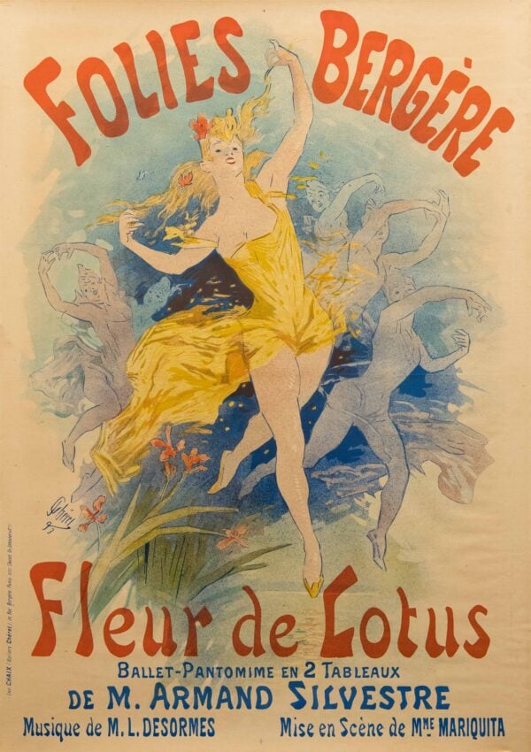 French Vintage Theatrical Poster ‘Fleur de Lotus’ at Folies Bergere by Cheret, 1893