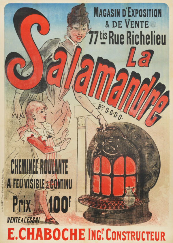 French Belle Epoque Vintage Heating Poster ‘La Salamandre’ by Cheret, 1886