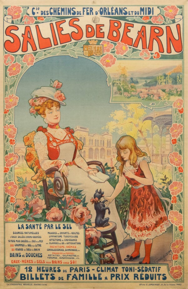 Original Vintage French Vintage Art Nouveau Travel Poster ‘Salies de Bearn’ by Lorant-Heilbronn, c.1890s