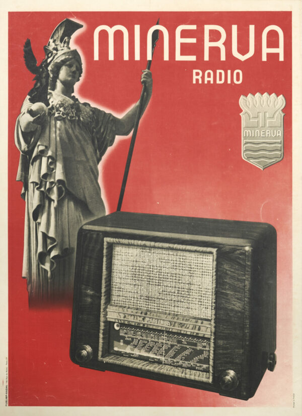 French Vintage Mid Century Modern Advertising Poster for ‘Minerva Radio’ 1940
