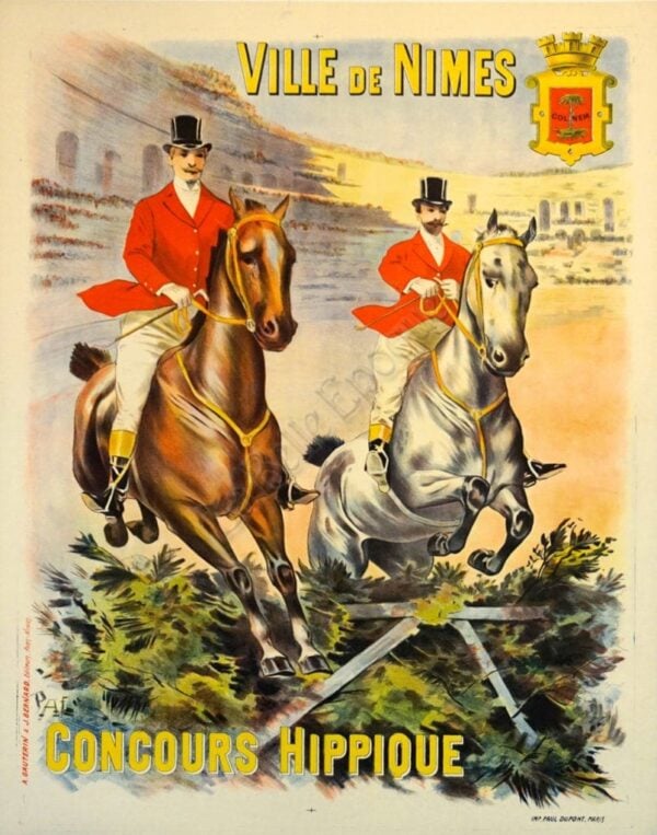 French Belle Epoque Horse Show Advertising Poster for ‘Concours Hippique in Ville de Nimes’ by Pal, 1890s