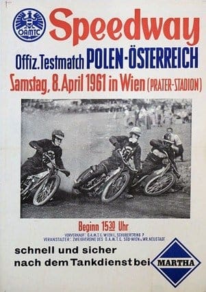 Austrian Mid Century Motorcycle Racing Poster ‘Speedway Polen Osterreich’, 1961