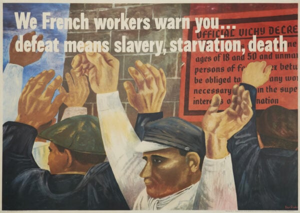 American WWII Propaganda Poster ‘We French Workers Warn You…’ by Shahn, c.1942