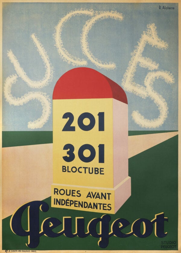 French Vintage Art Deco Automobile Poster ‘Succes / Peugeot’ by R. Alaterre, 1932