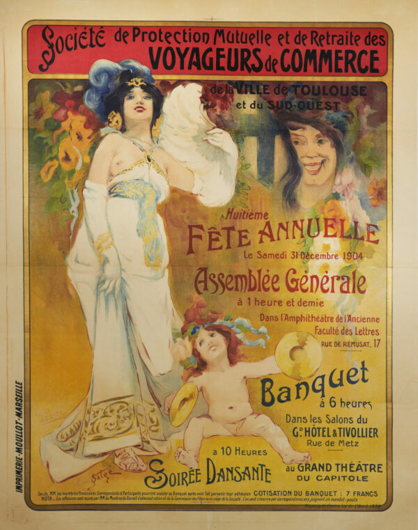 French Art Nouveau Vintage Festival Poster ‘Voyageurs De Commerce’ by Satge & Galice, 1898
