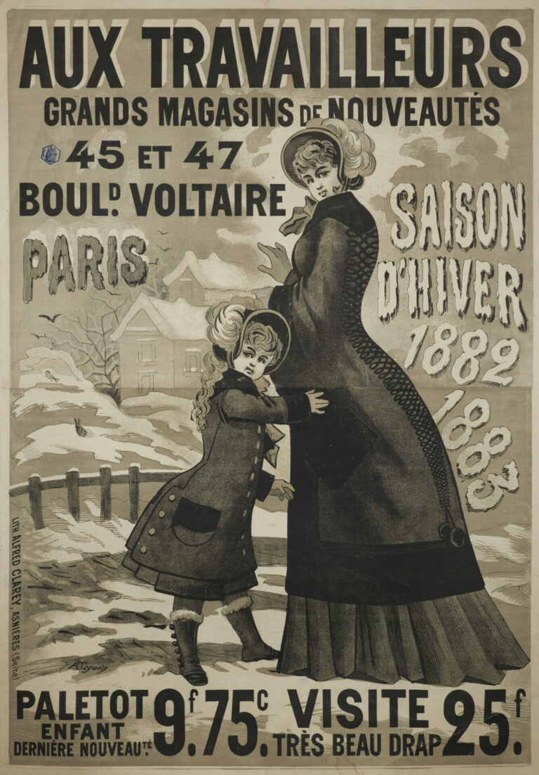French Vintage Fashion Poster ‘Aux Travalleurs’ by P. Seguin, 1882