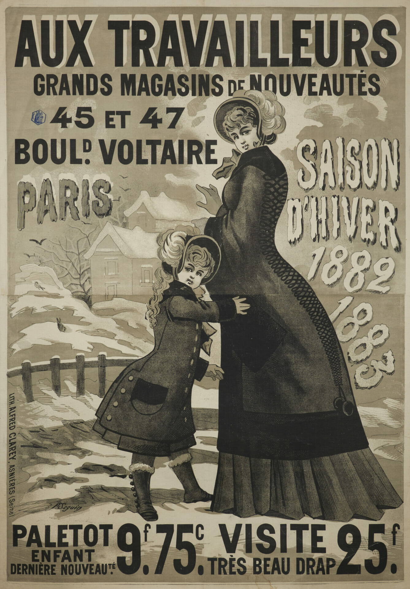 French Vintage Fashion Poster 'Aux Travalleurs' by P. Seguin, 1882