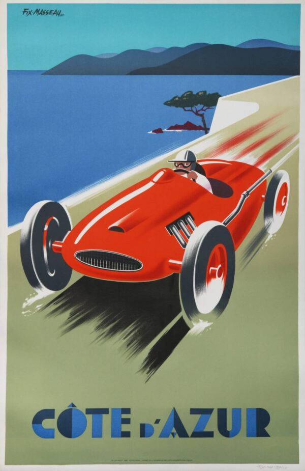 French Vintage Automobile Poster ‘Cote D’ Azur’ (Hand Signed & Numbered) by Fix Masseau, 1987