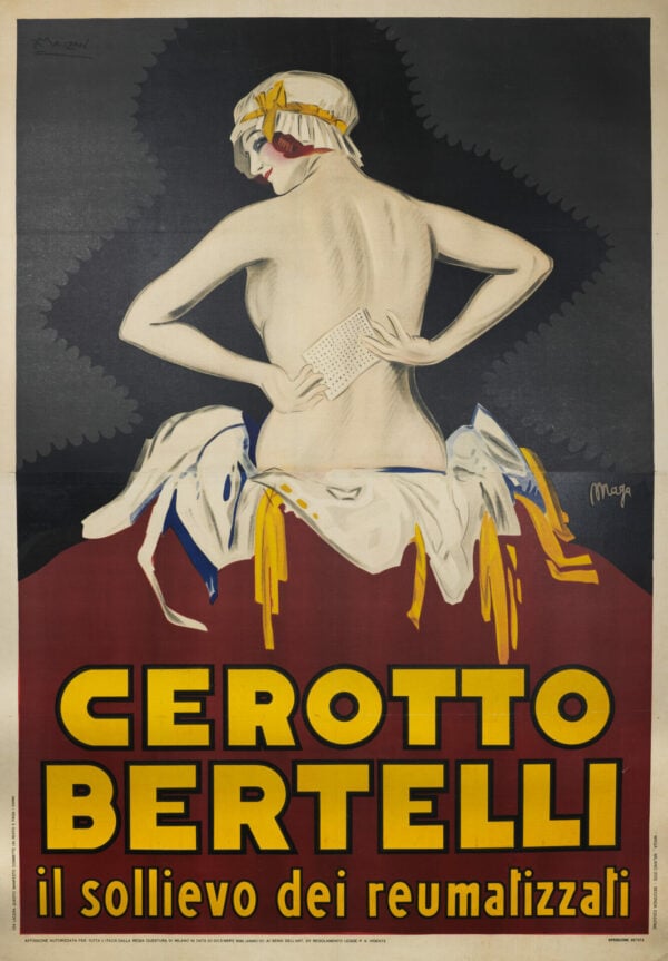Italian Back Pain Remedy Vintage Poster ‘Cerotto Bertelli’ by Mauzan, 1930