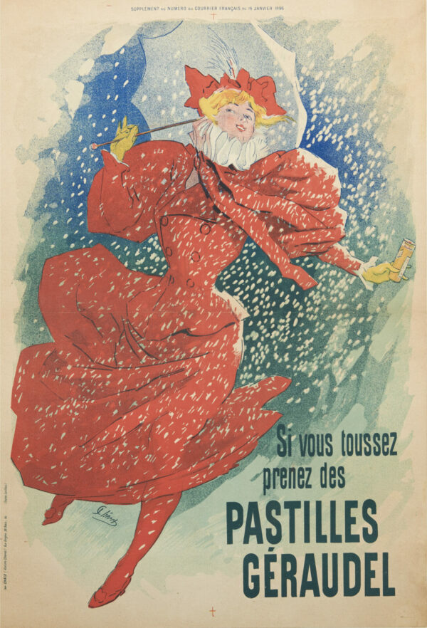 French Vintage Travel Poster ‘Si Vous toussez prenez des Pastilles Greaudel’ by Jules Cheret, c. 1896