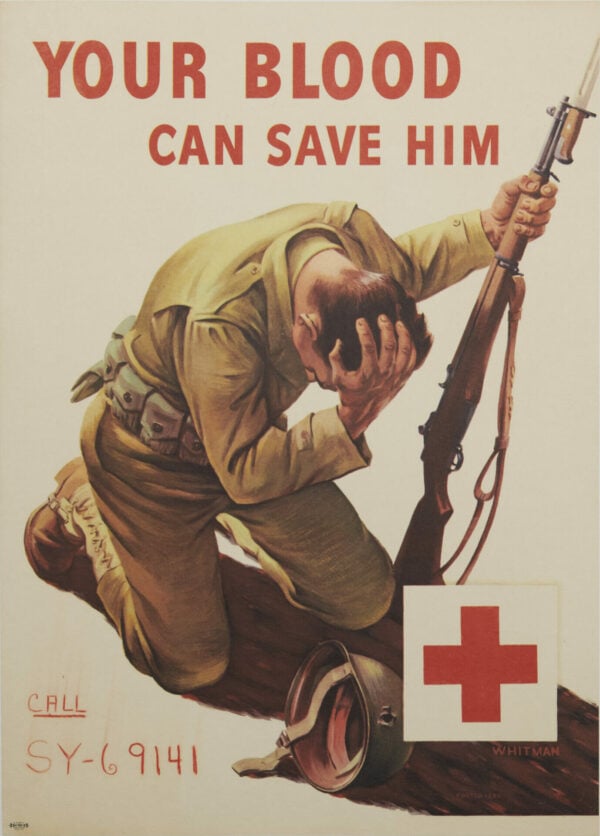 American WWII Red Cross Vintage Poster ‘Your Blood Can Save Him’ by Whitman, 1940s