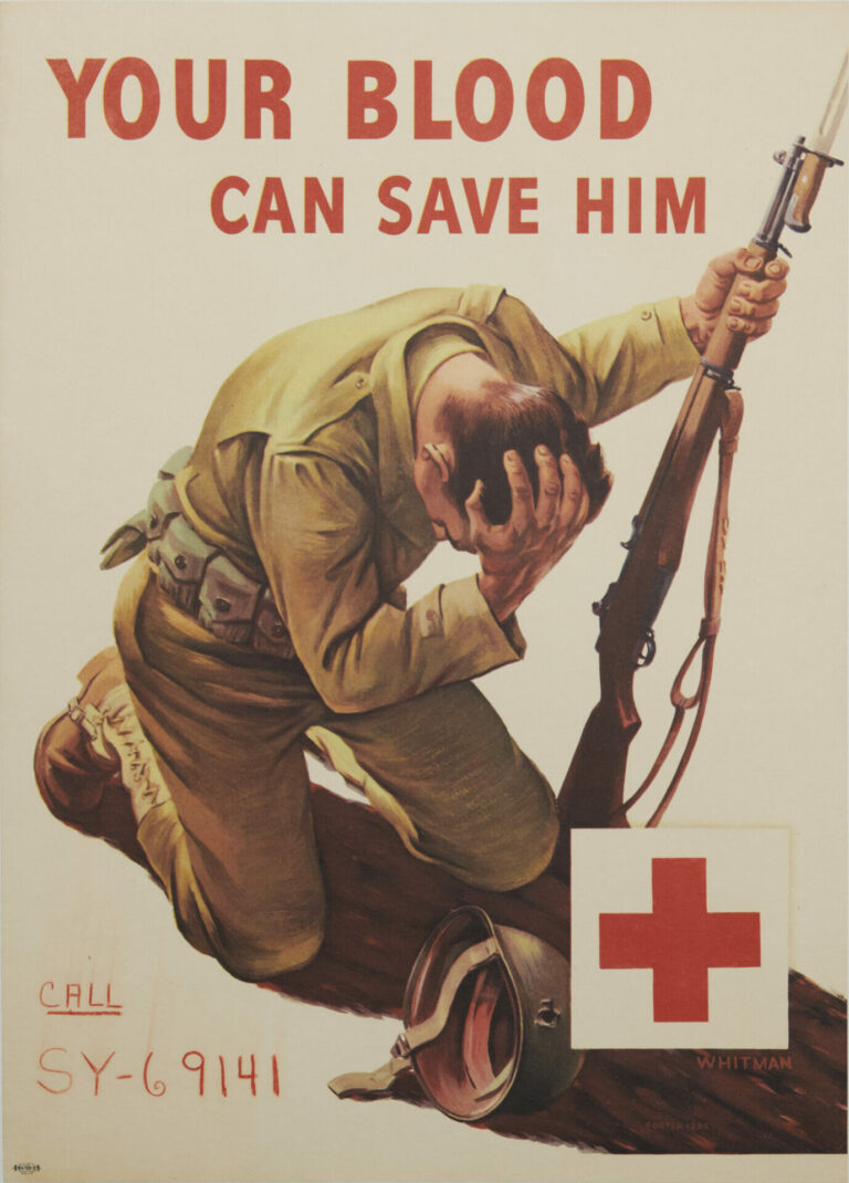 American WWII Red Cross Vintage Poster ‘Your Blood Can Save Him’ by Whitman, 1940s