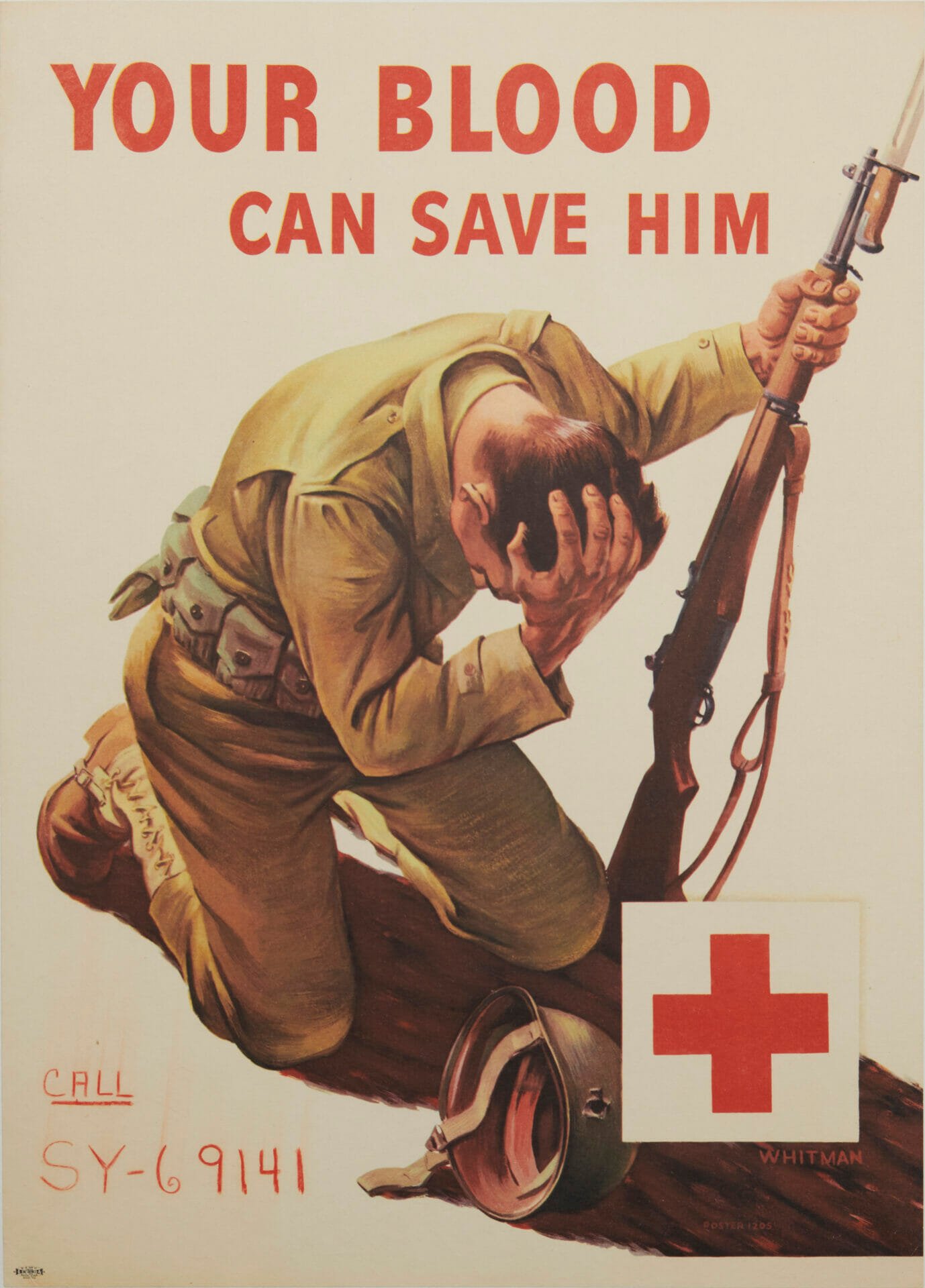 American WWII Red Cross Vintage Poster 'Your Blood Can Save Him' by Whitman, 1940s