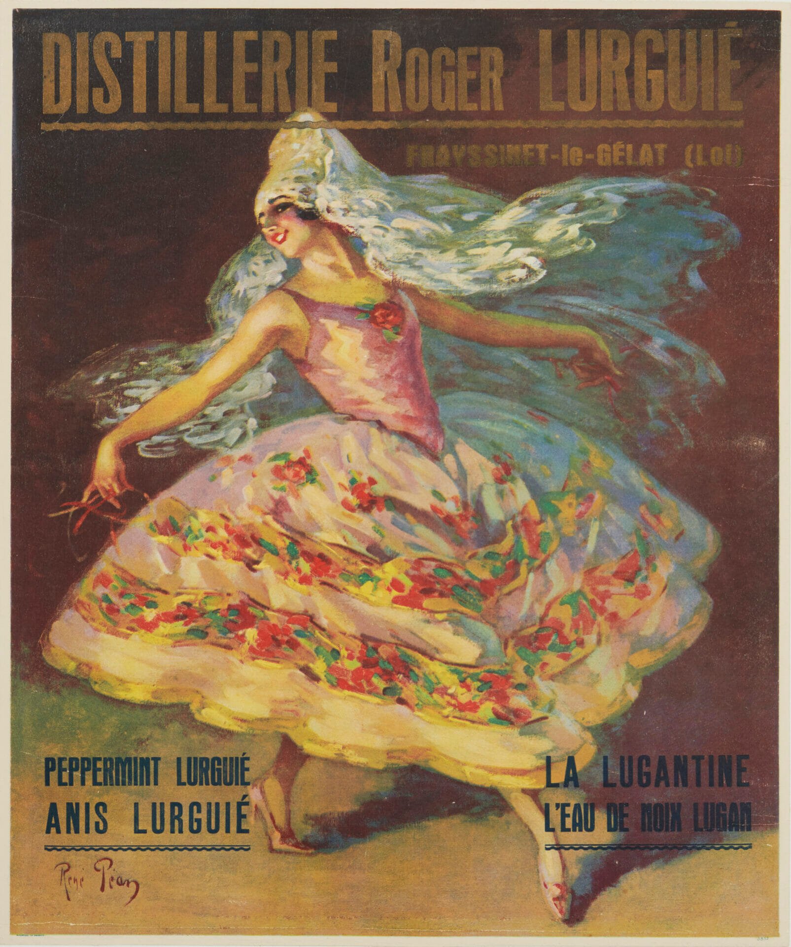 French Belle Epoque Wine & Spirits Poster 'Distillerie Roger Lurguie' by Pean, 1900s
