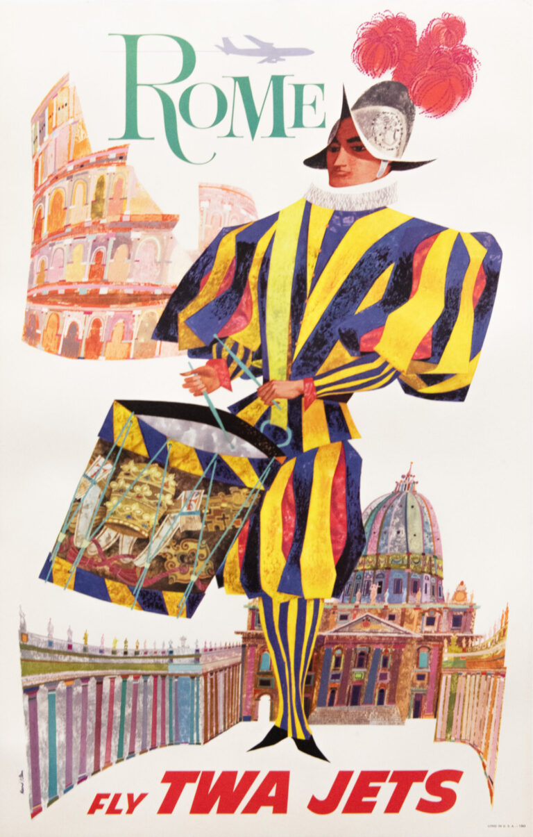 Vintage Trans World Airlines Poster ‘Rome Fly TWA Jets’ by David Klein, 1960’s