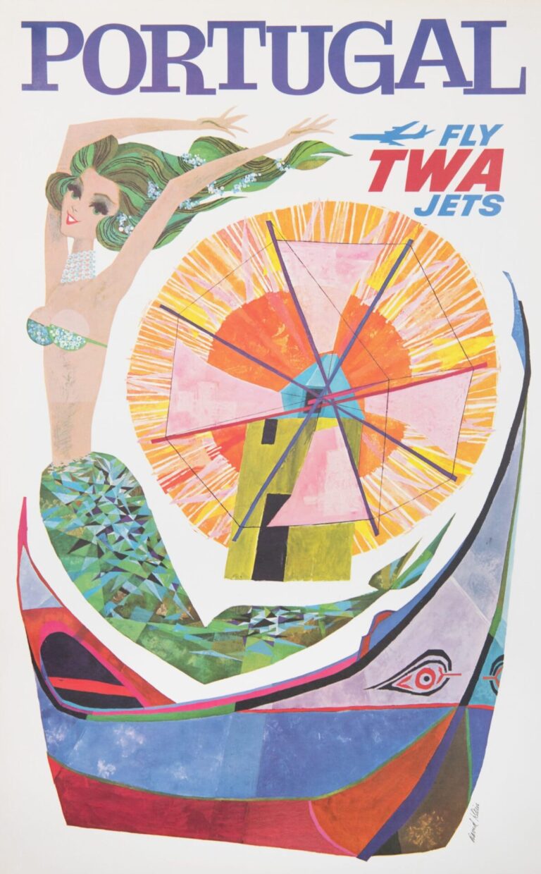 American Vintage Travel Poster ‘Portugal Fly TWA’ by David Klein, 1960’s