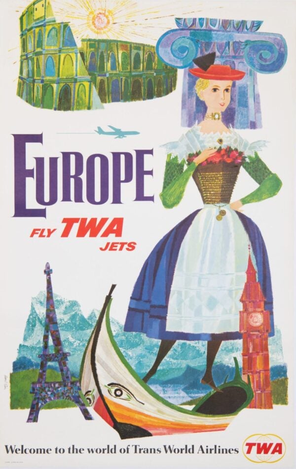American Vintage Travel Poster ‘Europe Fly TWA’ by David Klein, 1960’s