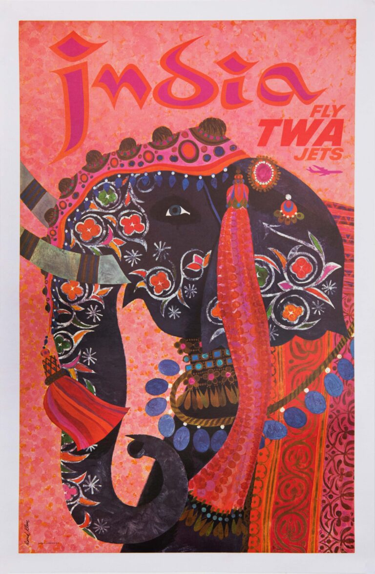 American Vintage TWA Airline Travel Poster ‘India Fly TWA’ by David Klein, 1960’s